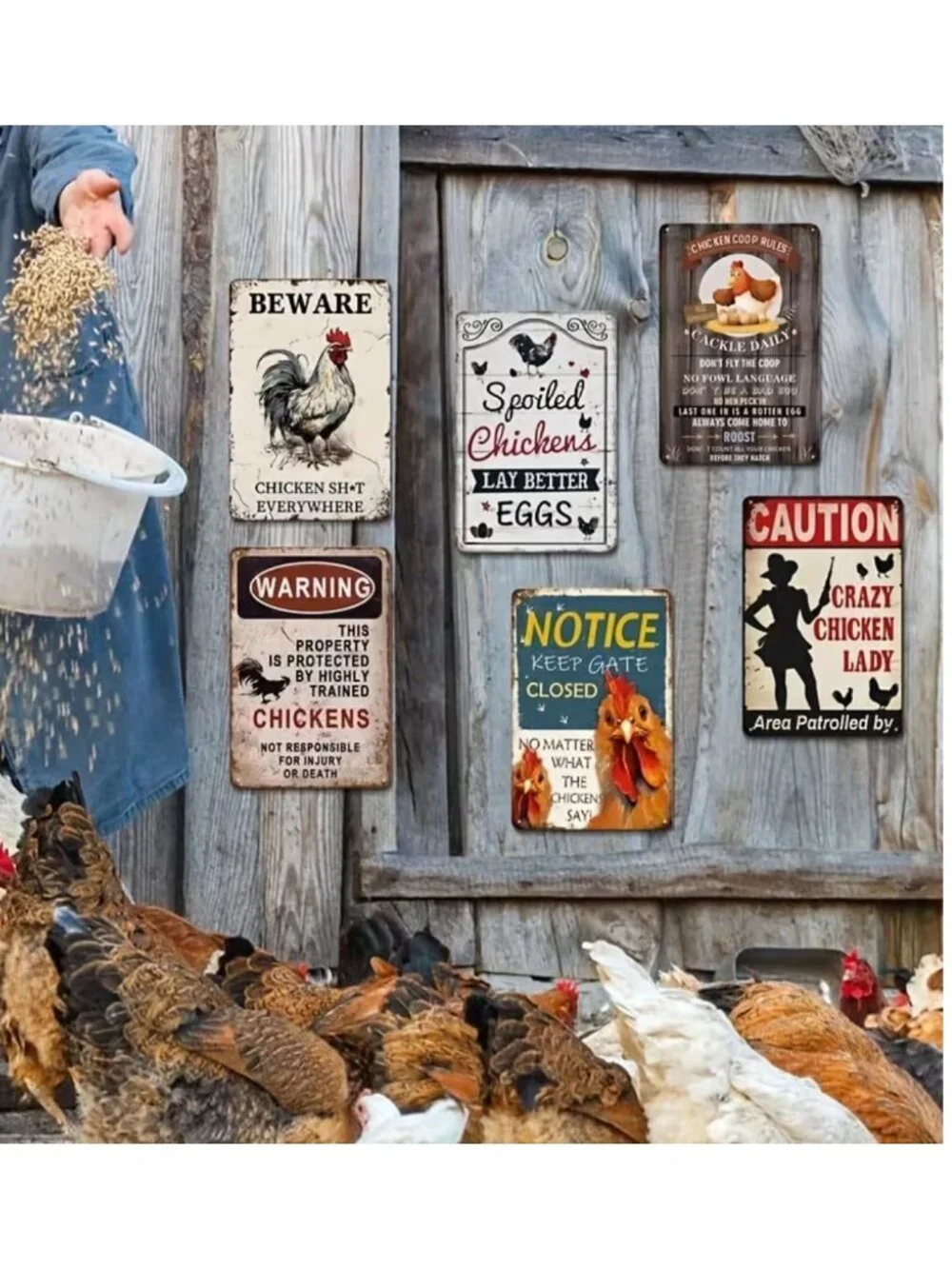 NWT 6 Pack Funny Chicken Coop Signs Vintage Metal Tin Farm Barn Wall Decor